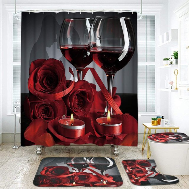FRAMICS Red Rose Shower Curtain Sets with Rugs, Romantic Flowers Wine
