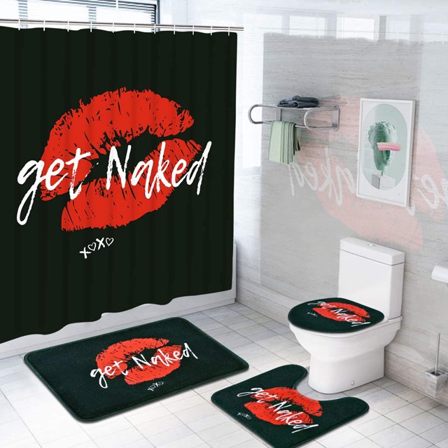 FRAMICS Red Sexy Lips Pattern Polyester Shower Curtain and Rug Sets