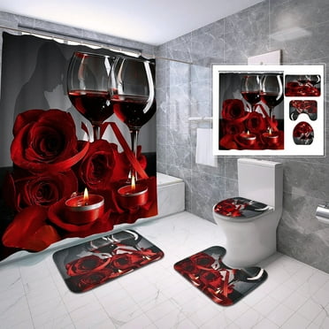 FRAMICS Red Wine Rose Shower Curtain Sets with Rugs, 16 Pc Valentine's Day Floral Bathroom Sets, Waterproof Fabric Bathroom Curtain Decor with Hooks