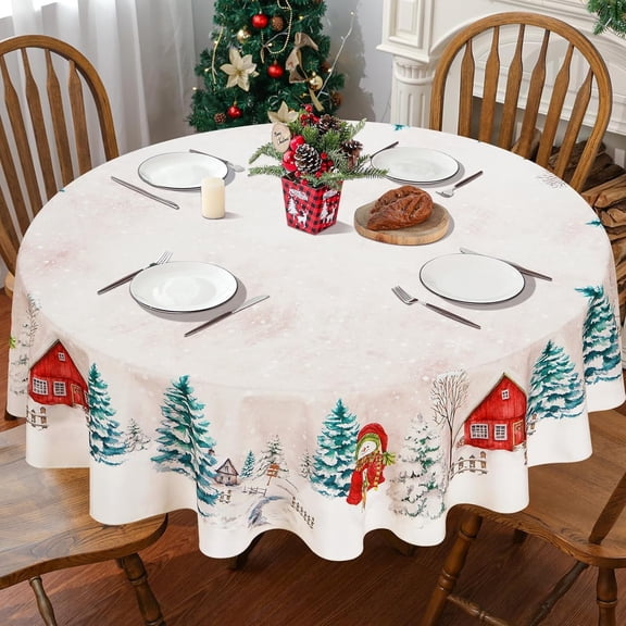 FRAMICS Round Christmas Tablecloth 60 Inch Winter Snowflake Christmas Trees Table Cloth Beige Christmas Table Cloth Waterproof Washable Christmas Table Cover for Party Kitchen Dining Room Decorations