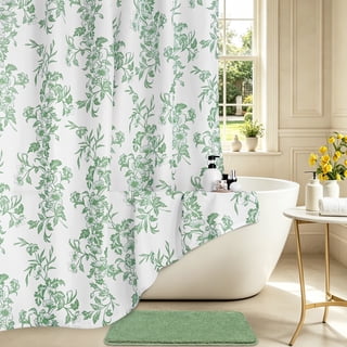 FRAMICS Sage Green Shower Curtain Sets with Non-Slip Rug & 12 Hooks, Heavy Duty Floral Cottagecore Fabric Bathroom Sets, Waterproof & Washable 72" x 72"