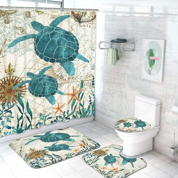 FRAMICS Sea Turtle Shower Curtain and Rug Sets, 16 Pc Blue Ocean Creature Landscape Bathroom Sets, Waterproof Fabric Shower Curtain with 12 Hooks and Toilet Rugs