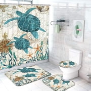 FRAMICS Sea Turtle Shower Curtain and Rug Sets, 16 Pc Blue Ocean Creature Landscape Bathroom Sets, Waterproof Fabric Shower Curtain with 12 Hooks and Toilet Rugs