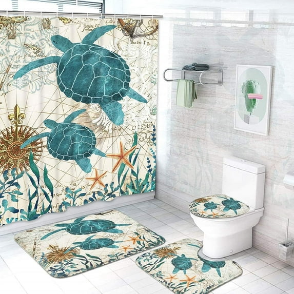 FRAMICS Sea Turtle Shower Curtain and Rug Sets, 16 Pc Blue Ocean Creature Landscape Bathroom Sets, Waterproof Fabric Shower Curtain with 12 Hooks and Toilet Rugs