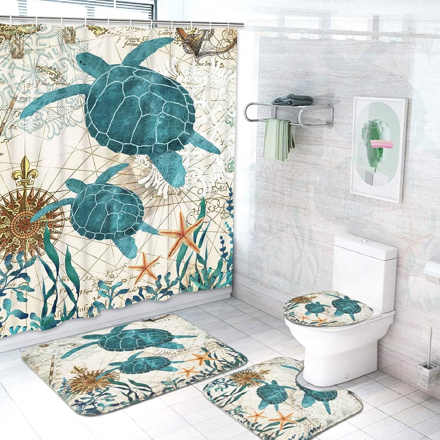 FRAMICS Sea Turtle Shower Curtain and Rug Sets, 16 Pc Blue Ocean