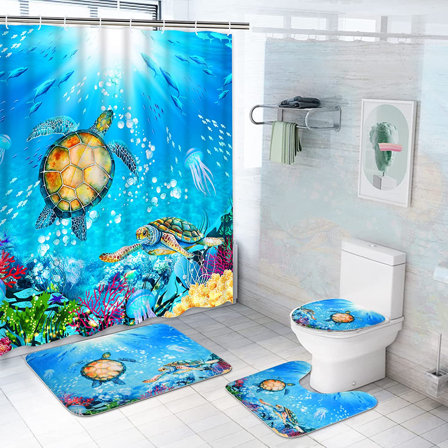 GreenDecor Sea Turtle Waterproof Shower Curtain Set with Hooks Bathroom