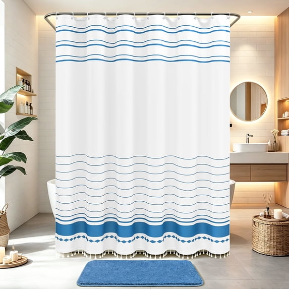 FRAMICS Striped Tassel Shower Curtain Sets with Bath Rug, Boho Farmhouse Thick Weighted Fabric Bathroom Sets with Hooks, Blue, 72" x 72"