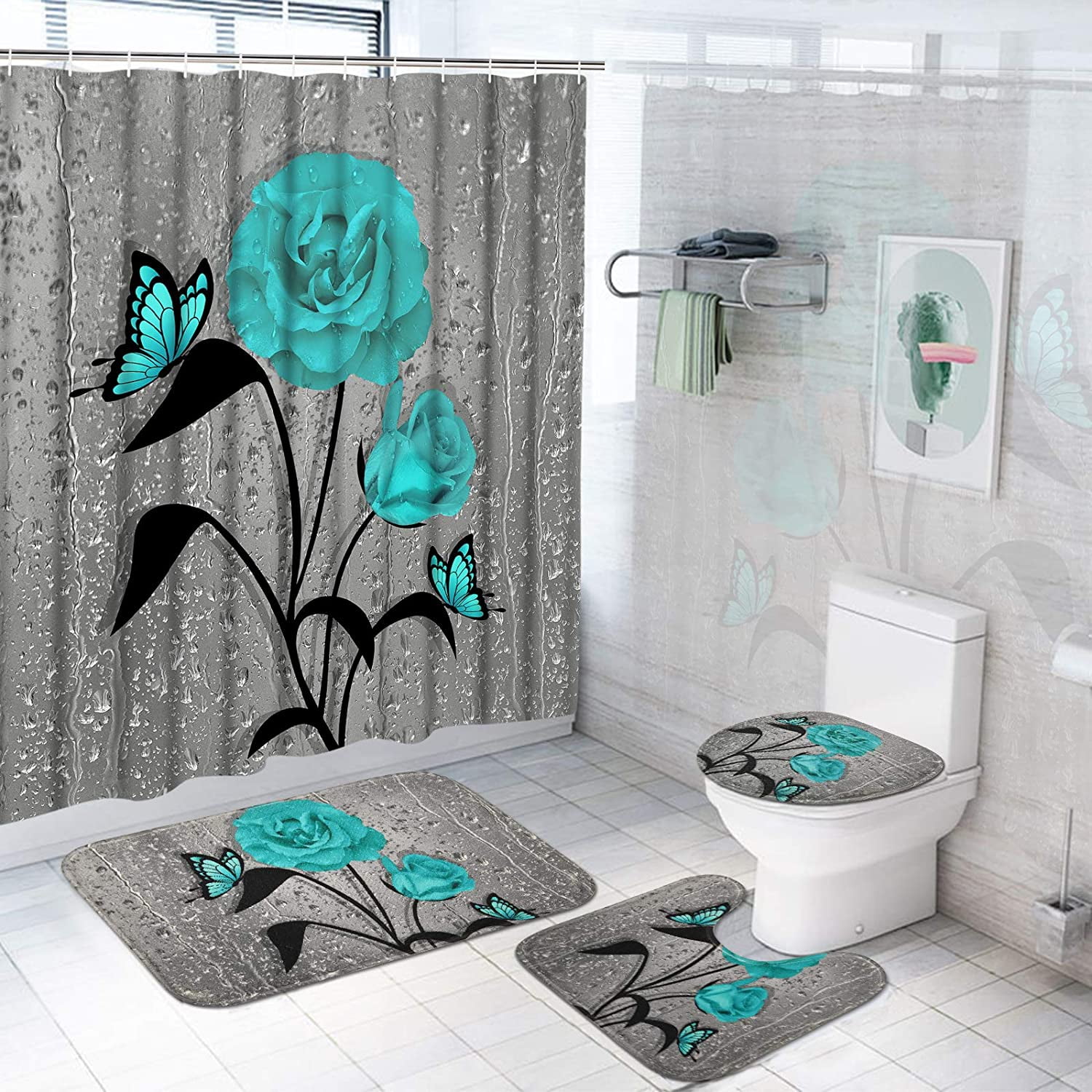 FRAMICS 16 Pc Teal Rose Shower Curtain and Rug Set, Elegant Waterproof ...