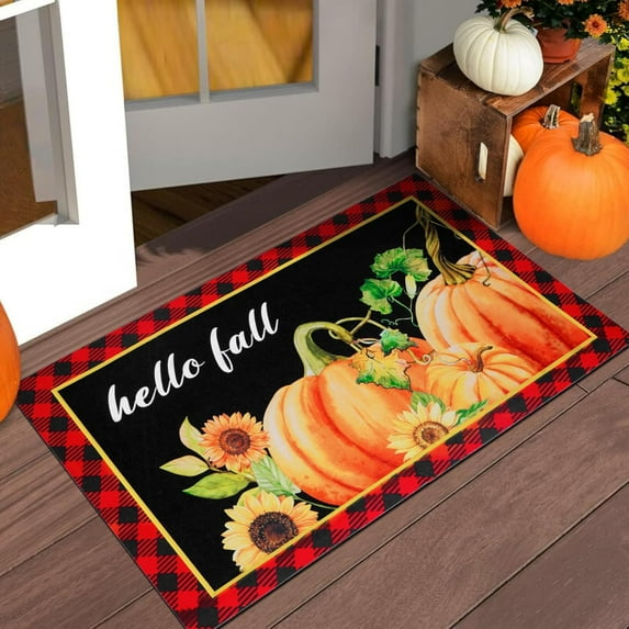 FRAMICS Thanksgiving Fall Door Mat Non-Slip, Hello Fall Pumpkin Doormat, Autumn Front Door Mat Outdoor Entrance Mat, Fall Welcome Mat for Home Bathroom, Fall Decor Buffalo Plaid Mat 18 x 30 inch