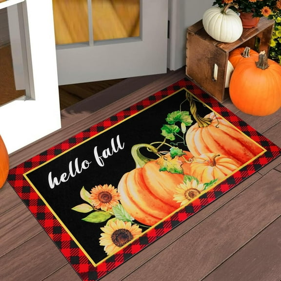 FRAMICS Thanksgiving Fall Door Mat Non-Slip, Hello Fall Pumpkin Doormat, Autumn Front Door Mat Outdoor Entrance Mat, Fall Welcome Mat for Home Bathroom, Fall Decor Buffalo Plaid Mat 18 x 30 inch