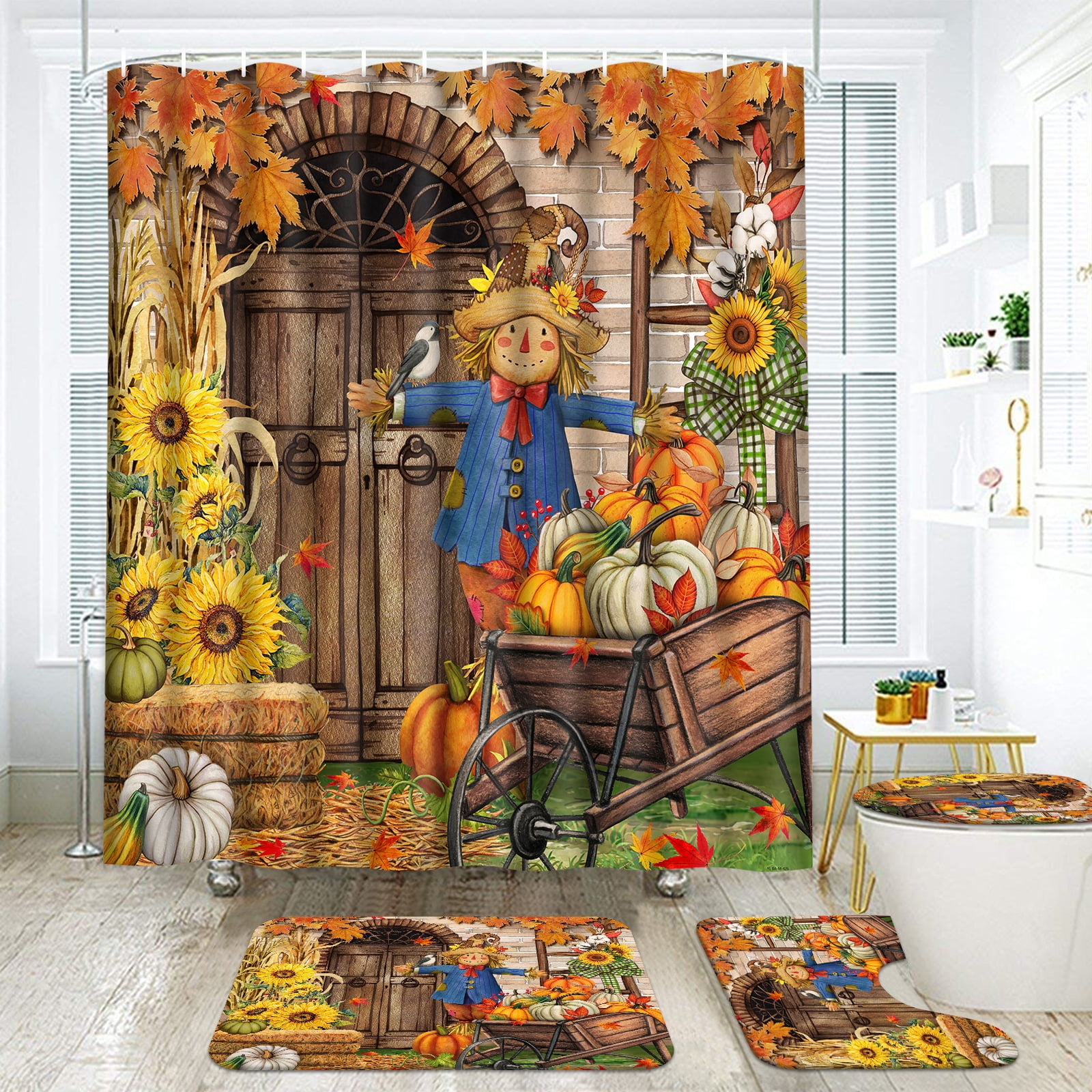FRAMICS Thanksgiving Fall Shower Curtain Sets with Rugs, Farmhouse