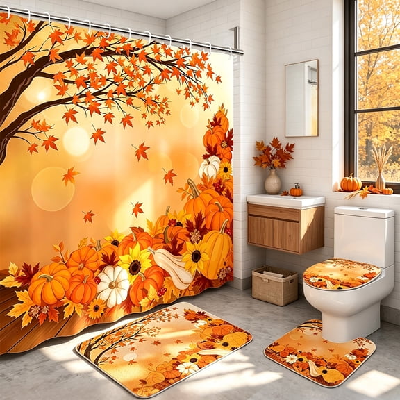 FRAMICS 16-Piece Fall Shower Curtain Sets with Rugs, Maple Leaves Pumpkin Bathroom Sets, Waterproof Fabric Bathroom Curtain Decor with Hooks