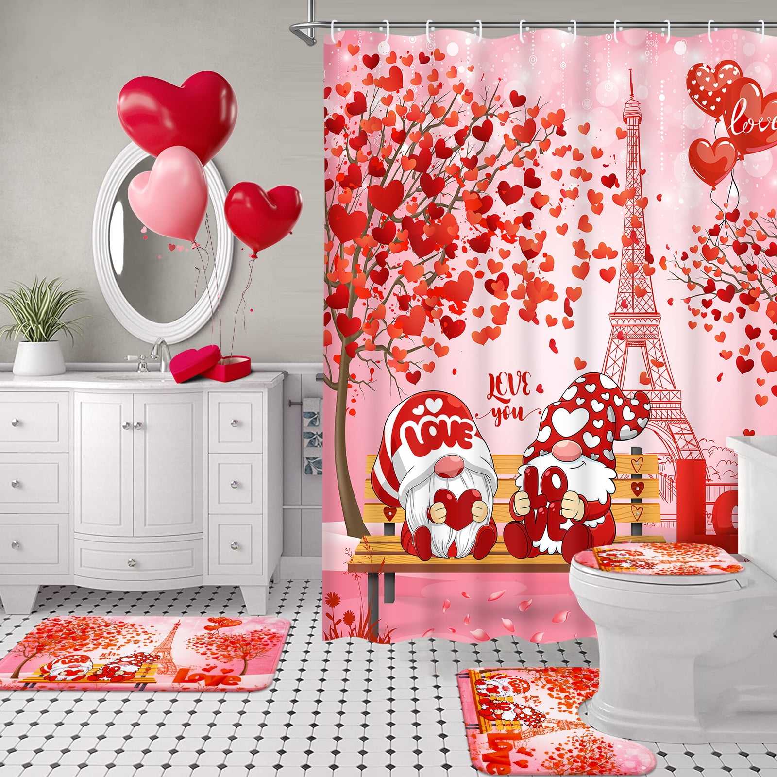 FRAMICS Valentine's Day Bath Set Shower Curtain, Love Heart Gnomes