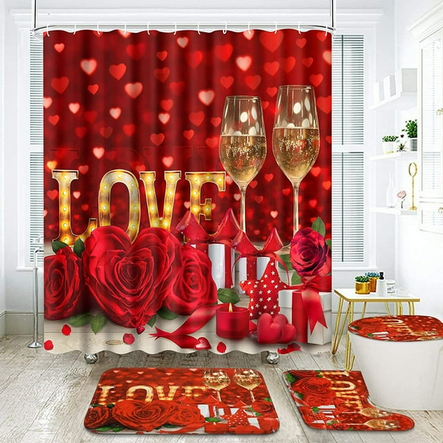 FRAMICS Valentine's Day Shower Curtain Sets with Rugs, Red Rose