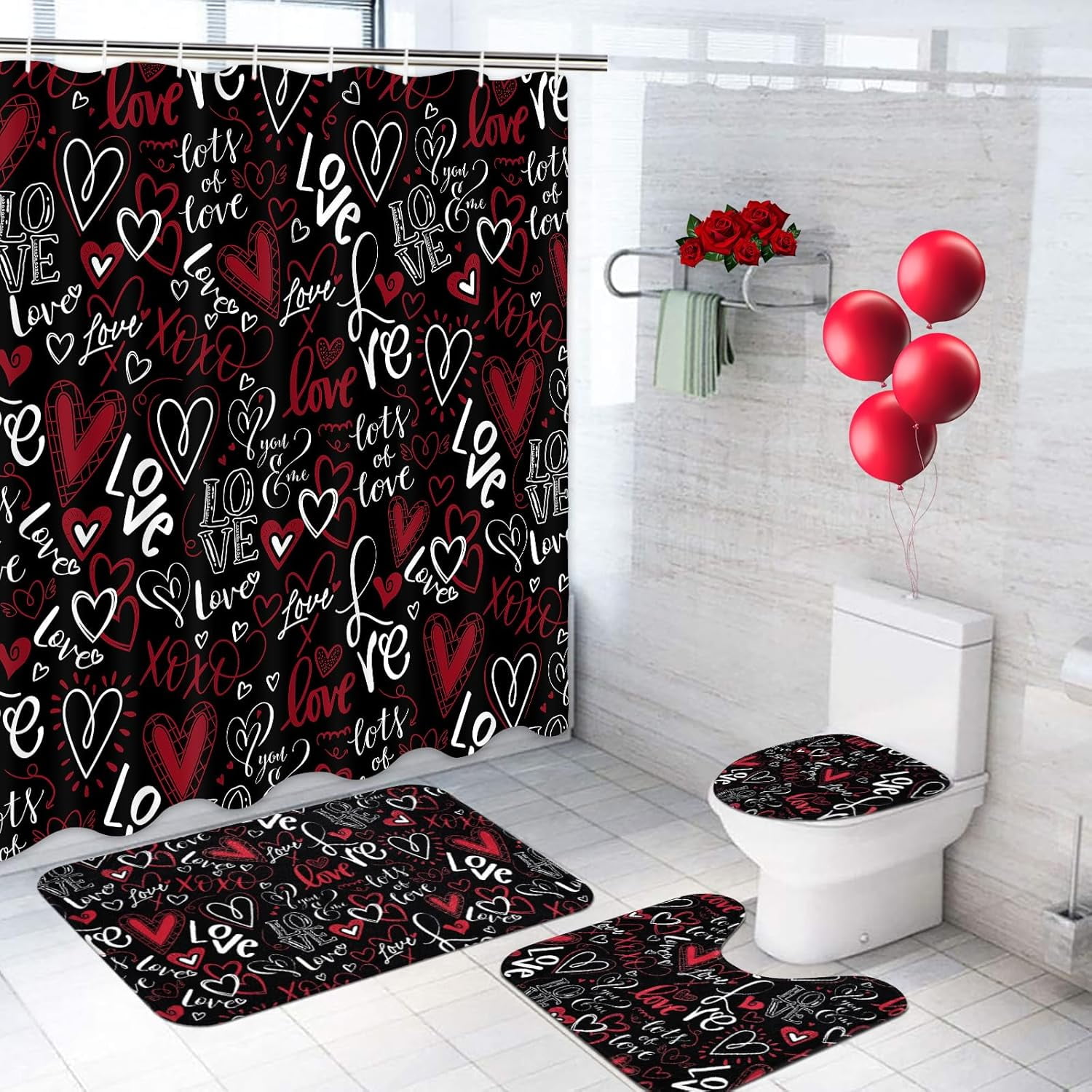 FRAMICS Valentine's Day Shower Curtain Sets with Rugs, 16 Pc Love Heart ...