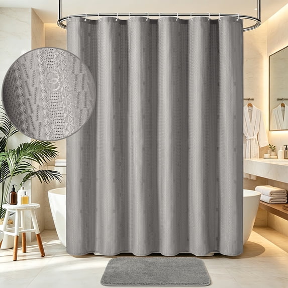FRAMICS Waffle Shower Curtain Sets with Rug and Hooks, 14-Piece Thick Weighted Fabric Bathroom Sets,Gray
