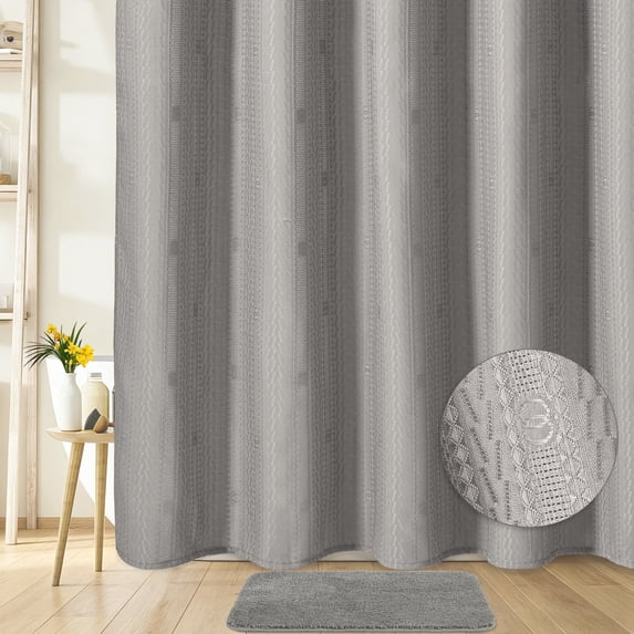 FRAMICS Waffle Shower Curtain Sets with Rug and Hooks, 14-Piece Thick Weighted Fabric Bathroom Sets, Wrinkle and Mildew-Resistant, Gray