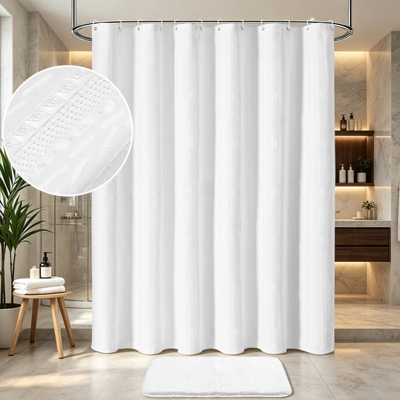 FRAMICS Waffle Shower Curtain Sets with Non-Slip Rug & 12 Hooks, Luxury Heavy Duty Waterproof Fabric Bathroom Sets, 72" x 72", White