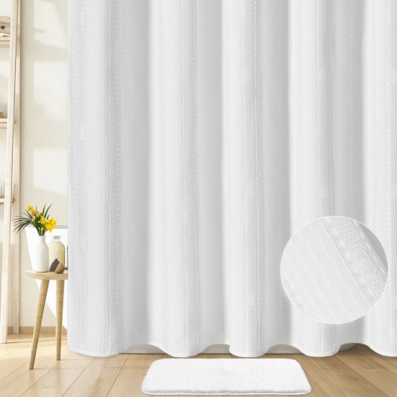 FRAMICS Waffle Shower Curtain Sets with Non-Slip Rug & 12 Hooks, Luxury Heavy Duty Waterproof Fabric Bathroom Sets, 72" x 72", White