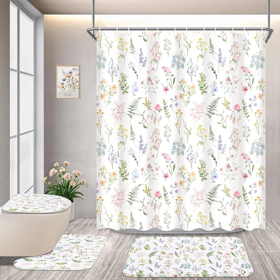 FRAMICS Watercolor Floral Shower Curtain Sets with Rugs, Colorful Wildflower Bathroom Sets with Hooks, Waterproof Fabric Bathroom Curtains, Machine Washable