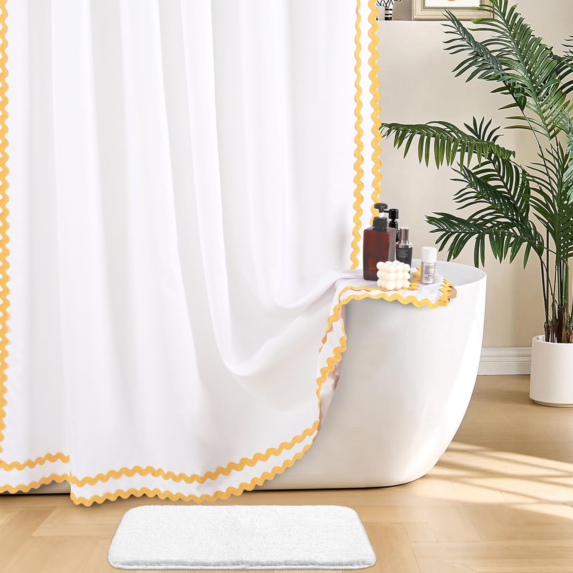 FRAMICS Yellow Scalloped Shower Curtain Sets with Rug, 14 Piece Fabric Bathroom Sets with Hooks, Heavy-Duty & Waterproof, 72" x 72"