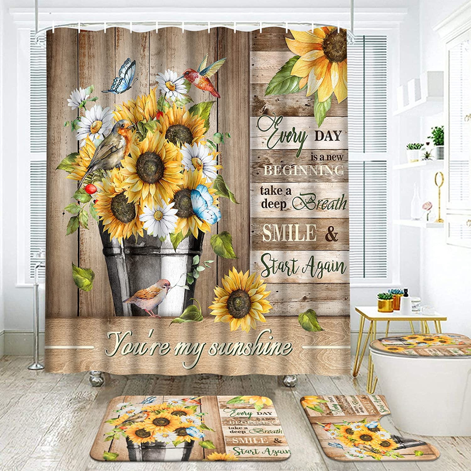 FRAMICS Yellow Sunflower Shower Curtain and Rug Sets, Butterfly Bird