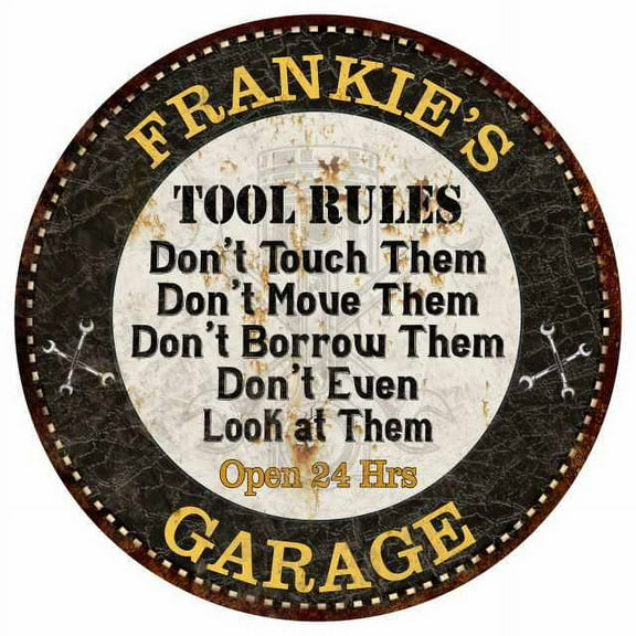 FRANKIE'S Garage Rules 14" Round Metal Sign Garage Bar Wall Decor 100140013401