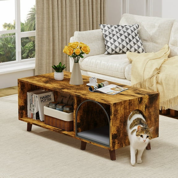 FRAPOW 40 in Coffee Table Cat Tables Living Room with Storage Cabinet, Wooden Rustic Coffee Tables with Cat House, Hidden Kitty Food Table Litter Box Furniture Retro Color