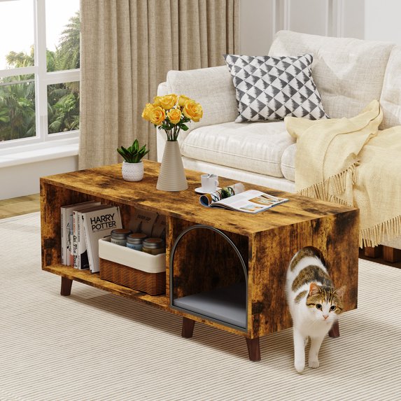 FRAPOW 40 in Coffee Table Cat Tables Living Room with Storage Cabinet, Wooden Rustic Coffee Tables with Cat House, Hidden Kitty Food Table Litter Box Furniture Retro Color