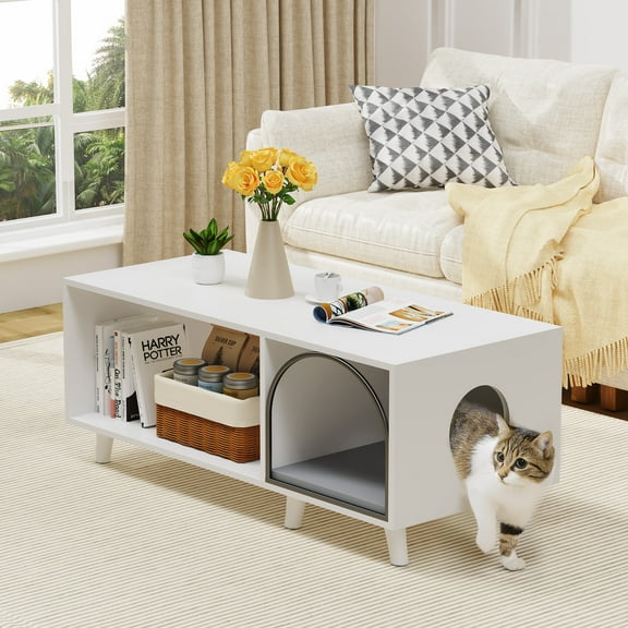 FRAPOW 40 in Coffee Table Cat Tables Living Room with Storage Cabinet, Wooden Rustic Coffee Tables with Cat House, Hidden Kitty Food Table Litter Box Furniture Retro Color