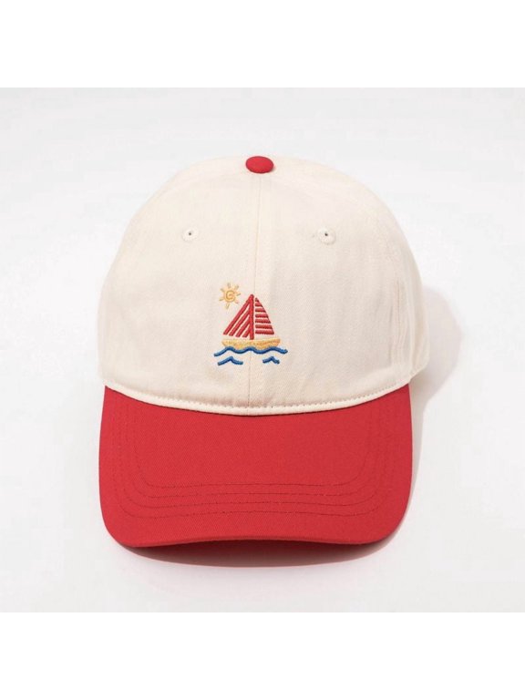 EMBROIDERED SAILBOAT CAP - CREAM / RED