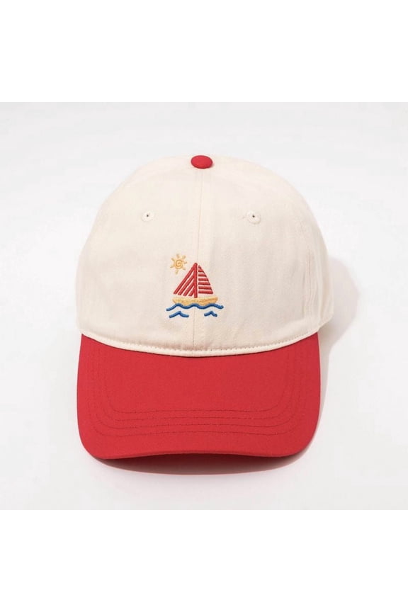 EMBROIDERED SAILBOAT CAP - CREAM / RED
