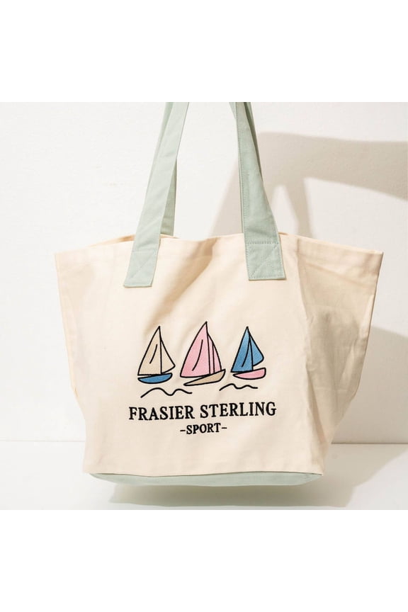 SPORT SAIL BOATS TOTE BAG - COTTON CANVAS HANDBAG - CREAM/MINT