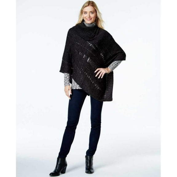 FRASS Poncho Cape Womens Knit Button Neck One Size