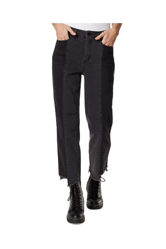 JEANS Womens Black Pocketed Zippered Frayed Hem Button Closure Color Block Straight leg Jeans 25