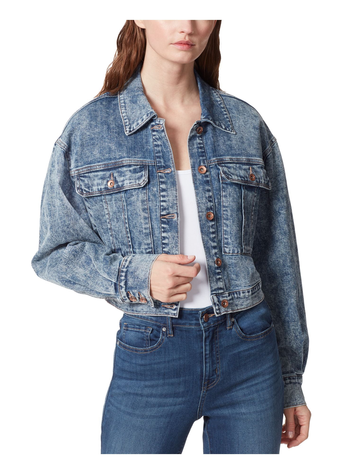 FRAYED JEANS Womens Blue Pocketed Unlined Pleated Cropped Denim Jacket ...