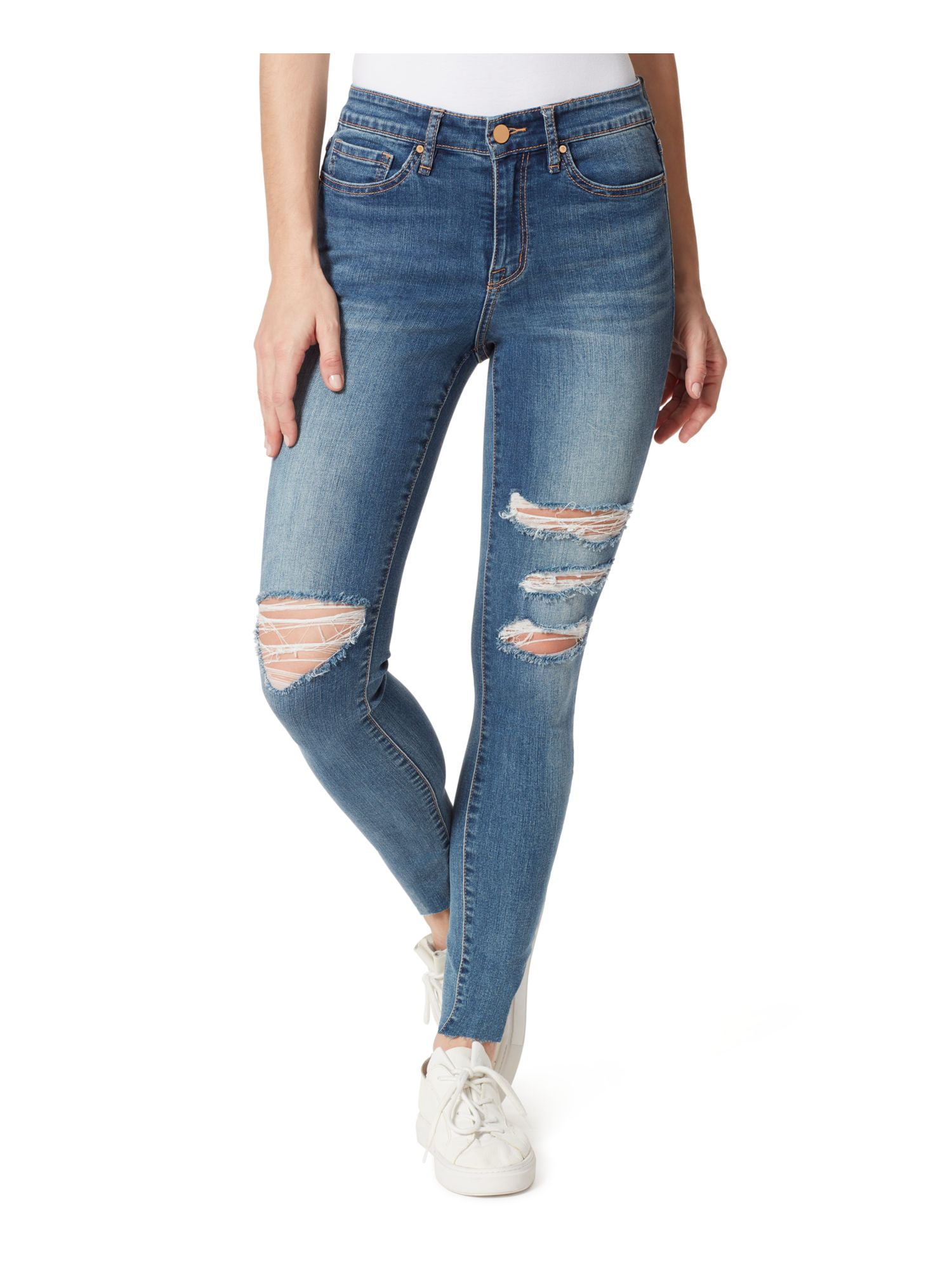 FRAYED JEANS Womens Blue Pocketed Zippered Mid Rise Frayed Raw Hem ...