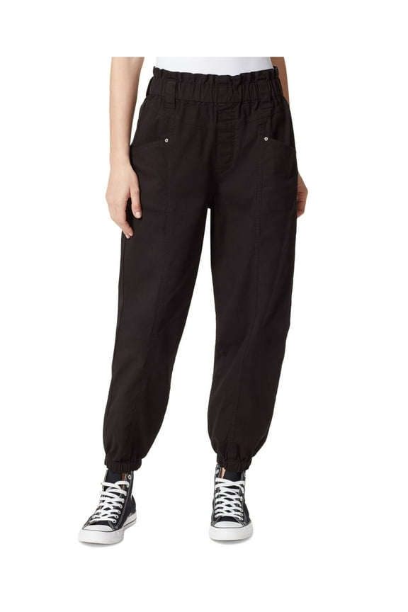 Womens Black Pocketed Jogger Elastic Waist Cuffed Pants 26 Waist