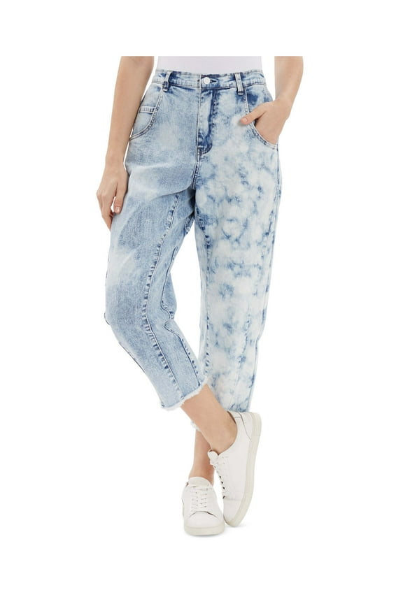 Womens Blue Pocketed Zippered Button Closure Elastic Waist Raw Color Block Cropped Jeans 30