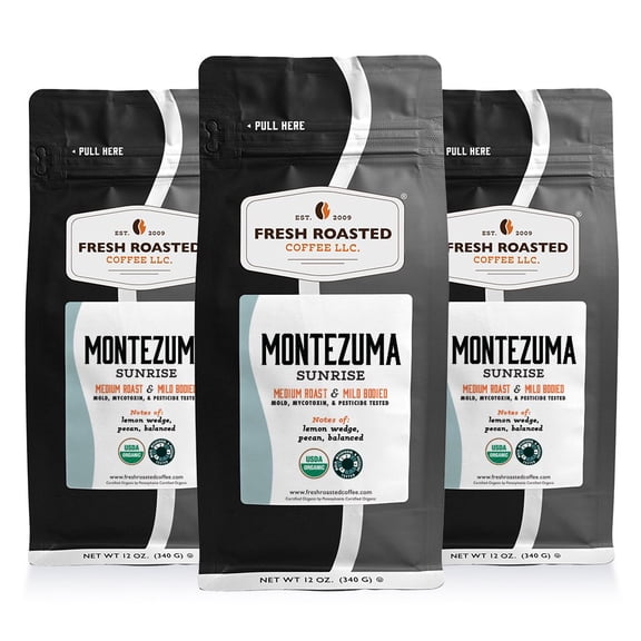 3 pack Fresh Roasted Coffee, Organic Montezuma Sunrise Coffee, Medium Roast, Ground, 12 oz
