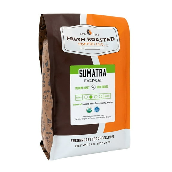 Fresh Roasted Coffee, Organic Sumatra Half Caf Coffee, Medium Roast, Drip Ground, 32 oz 2 lbs