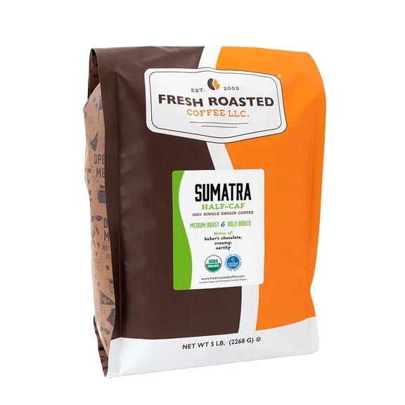 Fresh Roasted Coffee, Organic Sumatra Half Caf Coffee, Medium Roast, Whole Bean, 80 oz 5 lbs