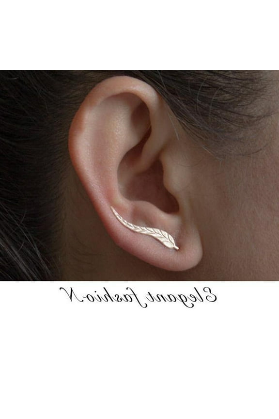 1 Pair Chic Leaf Ear Climbers Delicate Fashion Crawler Cuff Earrings Jewelry for Women (Golden)