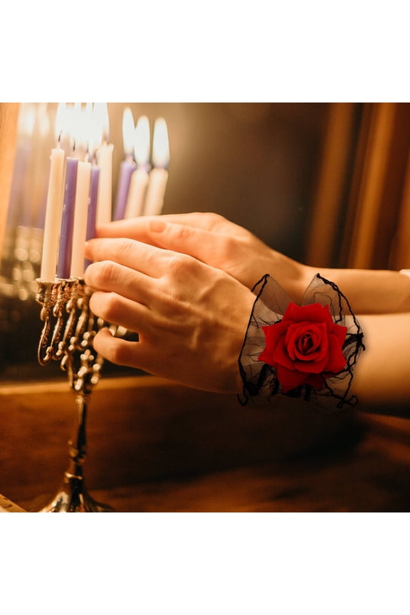 1 Pair Lolita Red Rose Lace Gloves Gothic Short Black Lace Wristlet Fingerless Wristband Hand Sleeve Dress Accessories For Halloween Masquerade Cosplay Wedding