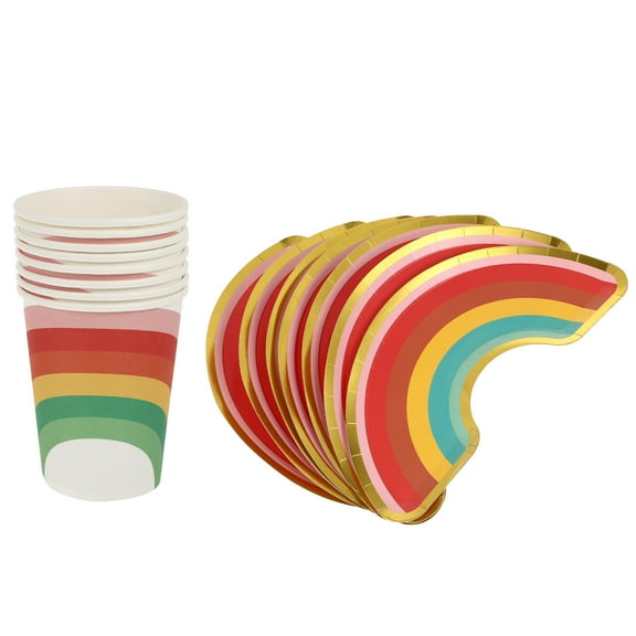 FRCOLOR 1 Set Disposable Party Tableware Colorful Rainbow Paper Plates Cups Supplies for Party