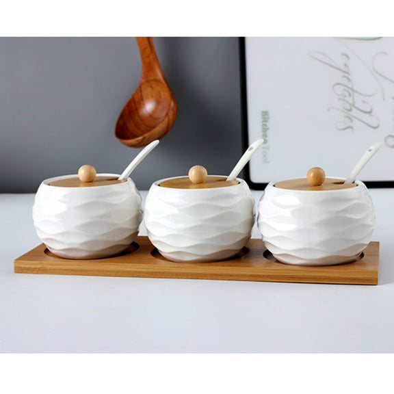 HORIALENCE Salt Seasoning Jar Wave Pattern Wood Seasoning Box 1 Set