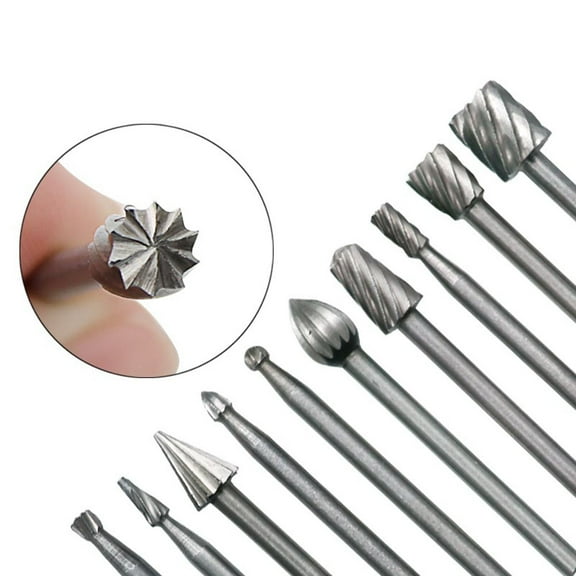 FRCOLOR 10 Pcs Rotary Burr Drill Bits Round Handle Carving Burs Woodworking Rotary File Set Cut Files  Engraving Cutting Burrs Set