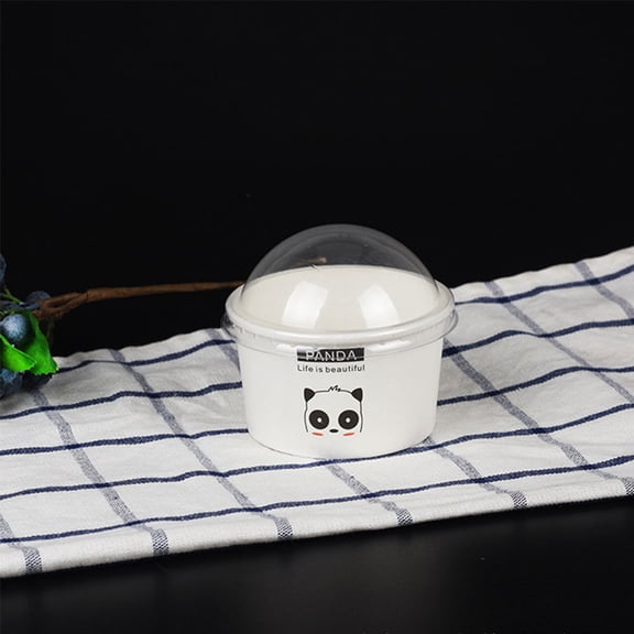 FRCOLOR 100pcs 85/200ml Ice Cream Cup Ball Cup with Half Ball Cover Dessert Cake Cup Bowl (White Panda Pattern)