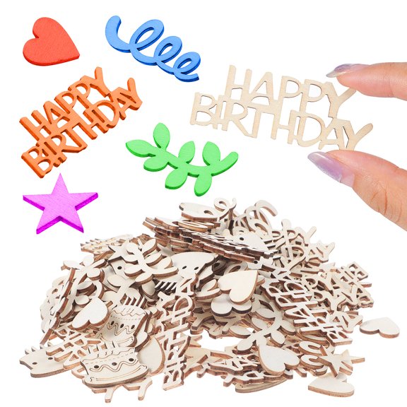 FRCOLOR 150pcs Mini Wood Pieces Birthday Themed Decorative Blank Tags Unfinished Wood Cutouts For Diy Projects Painting Craft Supplies