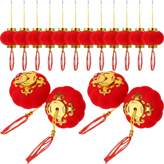 HORIALENCE 16Pcs Red Flocked Cloth Pvc Metal Ring Round Lantern Hanging Ornaments for New Year Party and Festive Decor